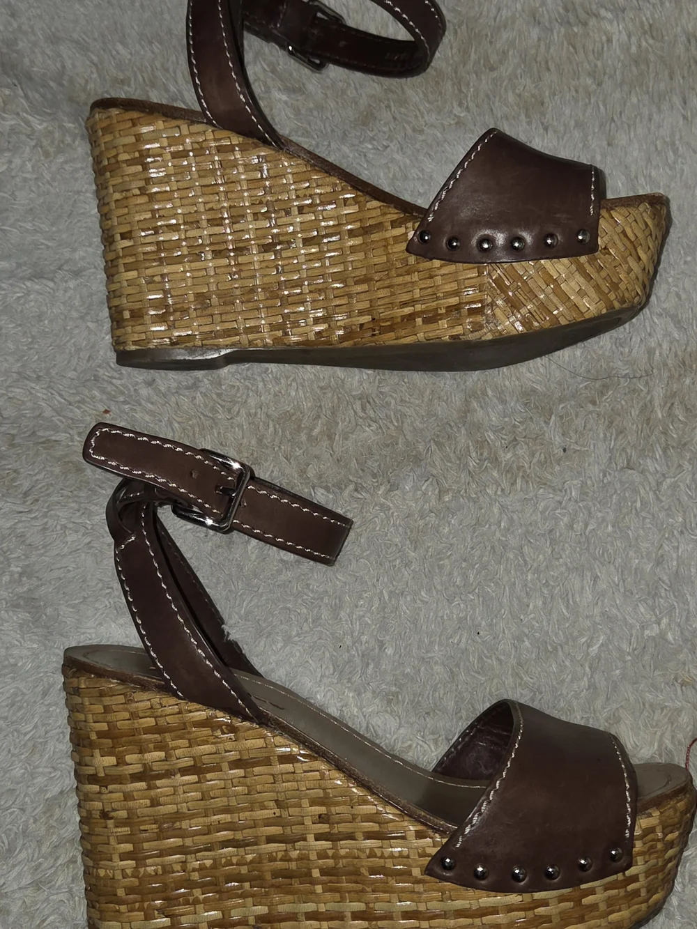 Prada Brown Leather Rattan Wedge Sandals Size 6 US or Size 36.5 EU